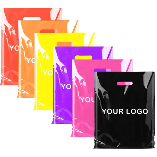 100 Pcs Customized Logo Color Shopping Bag With Handle Plastic Gift Bag Businss Customer Plastic Bag(excluding printing fee)