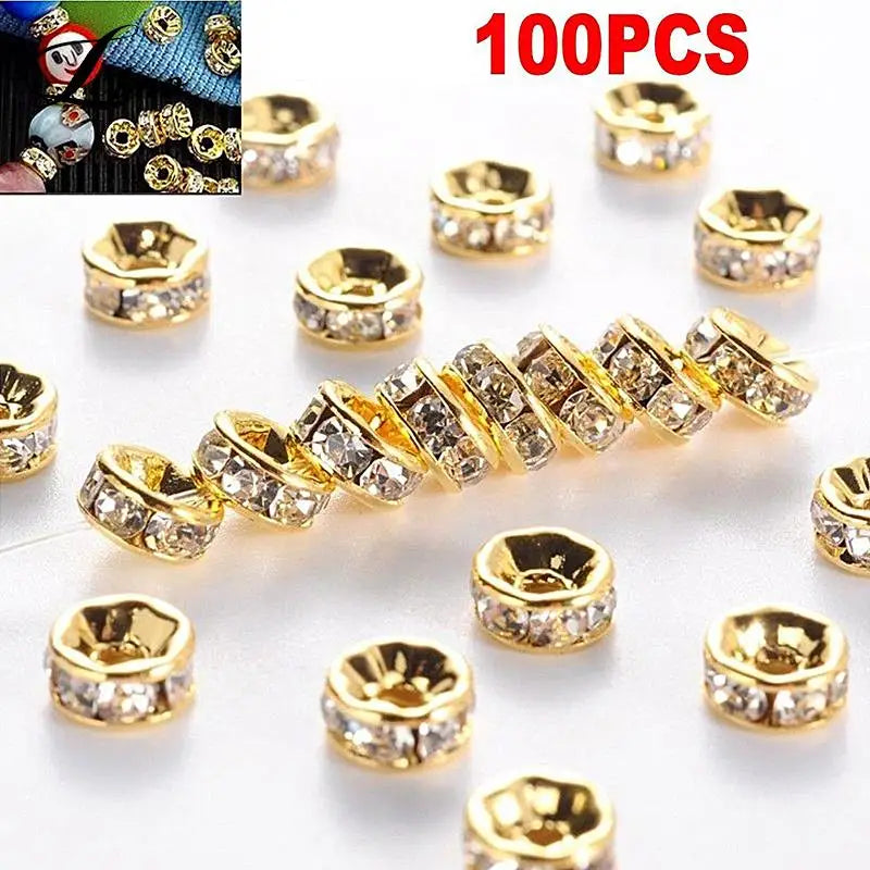 100pcs 6/8mm Rondelle Disc 316 Stainless Steel Crystal Spacer Beads With Rhinestone For Jewelry Making DIY Bracelet