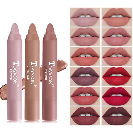 12 Colors Matte Lipstick Waterproof Velvet Nude Lipstick Pencil Sexy Red Brown Pigments Lips Makeup Long Lasting Lip Tint