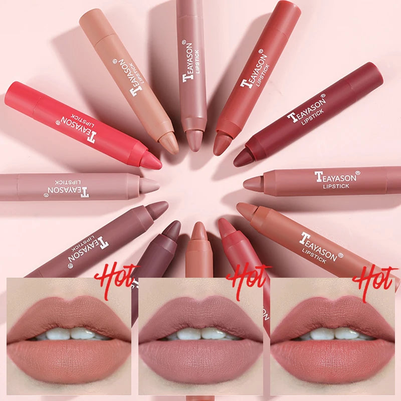 12 Colors Matte Lipstick Waterproof Velvet Nude Lipstick Pencil Sexy Red Brown Pigments Lips Makeup Long Lasting Lip Tint