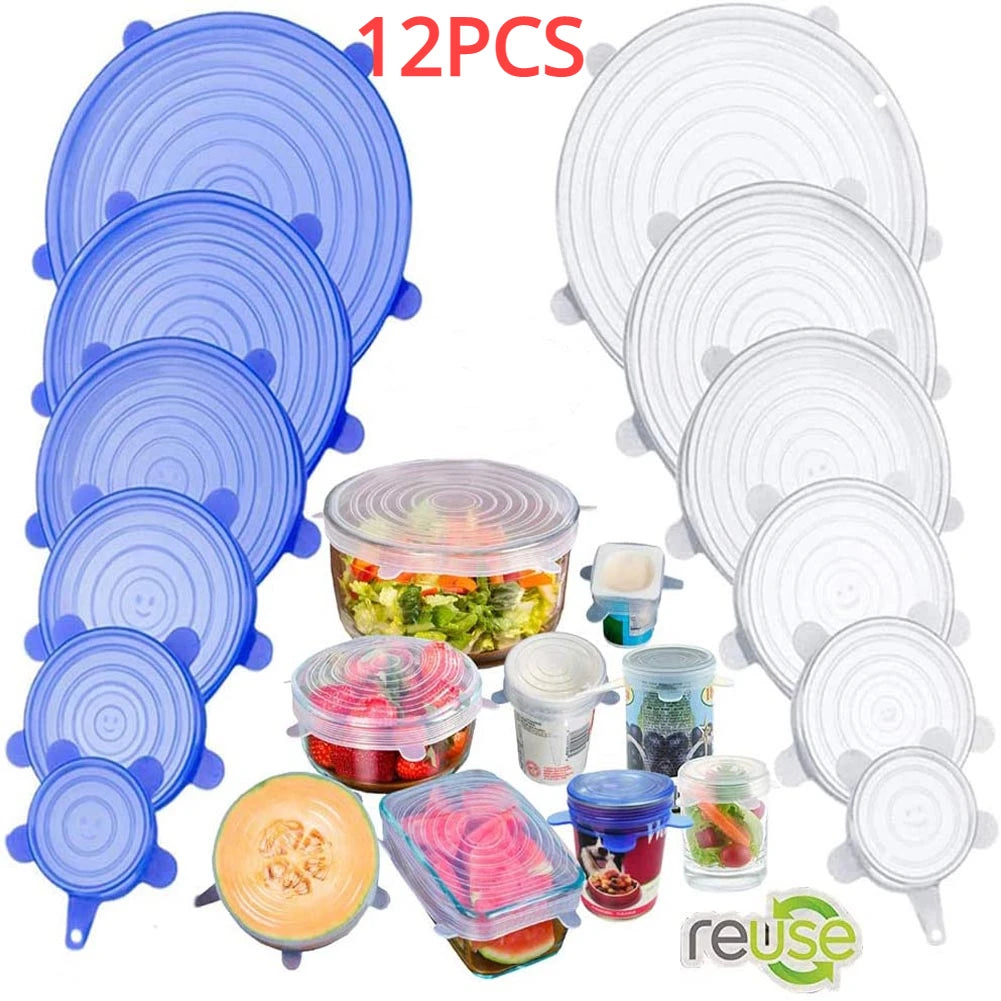 12PCS Silicone Cover Stretch Lids Reusable Airtight Food Wrap Covers Keeping Fresh Seal Bowl Stretch Wrap Cover Kitchen Cookware