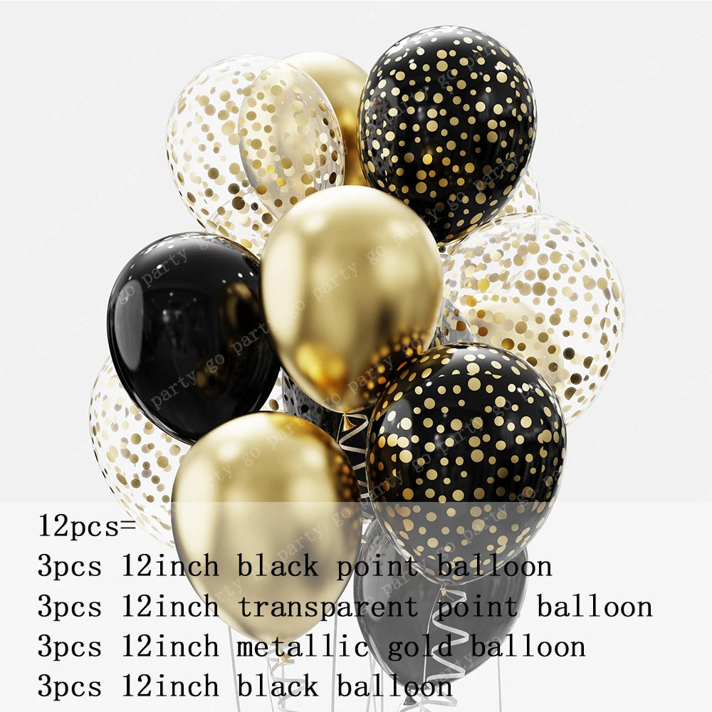 12pcs 12inch Black Gold Latex Balloons Graduation Helium Globos Adult Kids Birthday Party Decorations Baby Shower Home Supplies