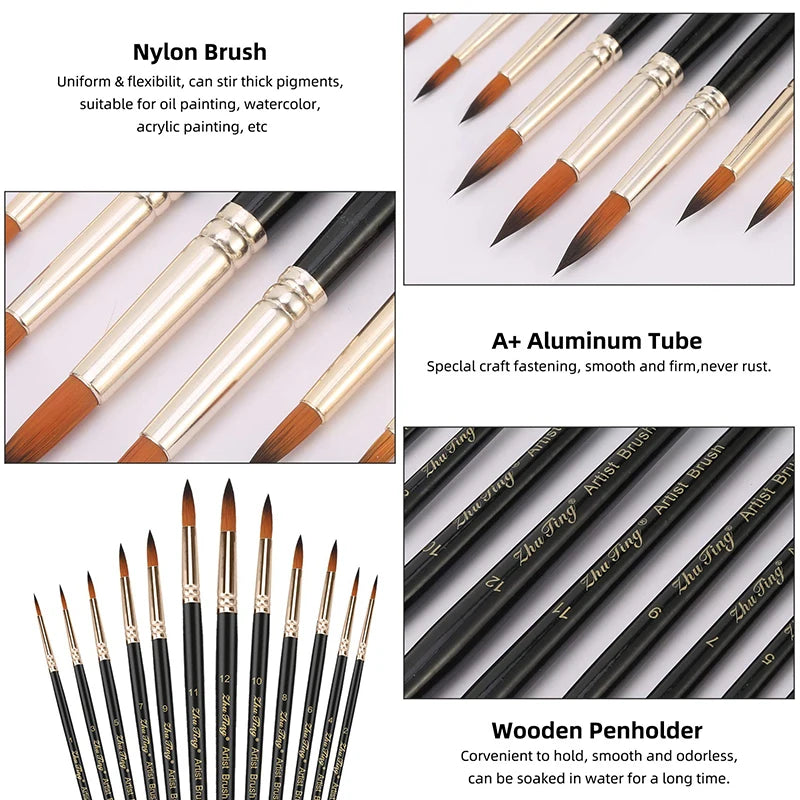 12pcs Paint Brushes Set Professional Paint Brush Round Pointed Tip Nylon Hair Acrylic Brush for Acrylic Watercolor Oil Painting