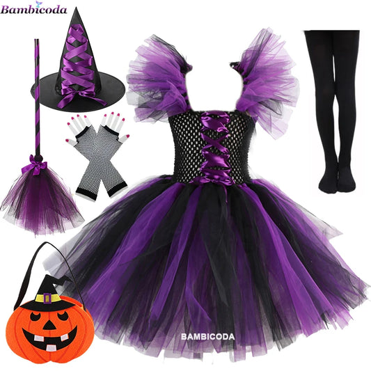 2023 Disguise Witch Costume for Girls Halloween Tutu Knee Dress with Hat Broom Pantyhose Kids Carnival Cosplay Party Outfit Set