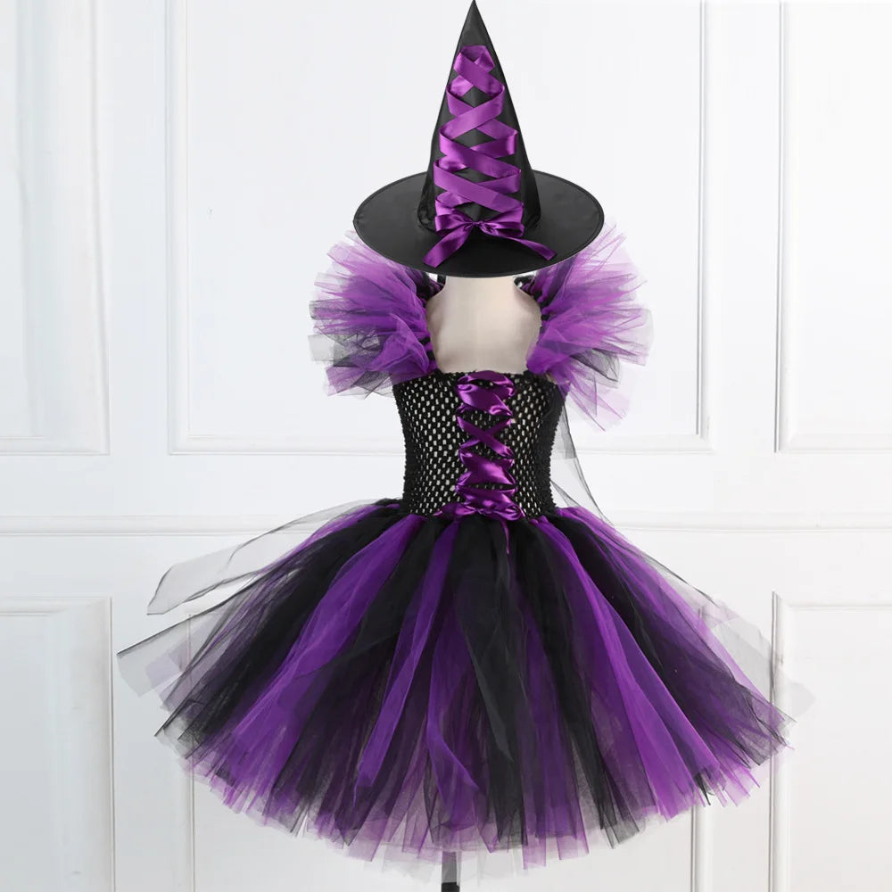 2023 Disguise Witch Costume for Girls Halloween Tutu Knee Dress with Hat Broom Pantyhose Kids Carnival Cosplay Party Outfit Set