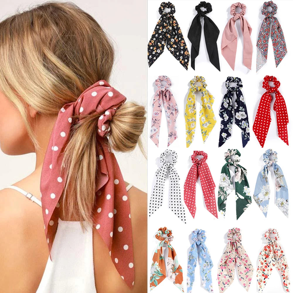 2023 Fashion Print Chiffon Long Ribbon Scrunchies Women Girls Ponytail Scarf Elastic Hair Bands Ties Hair Accessories Wholesale