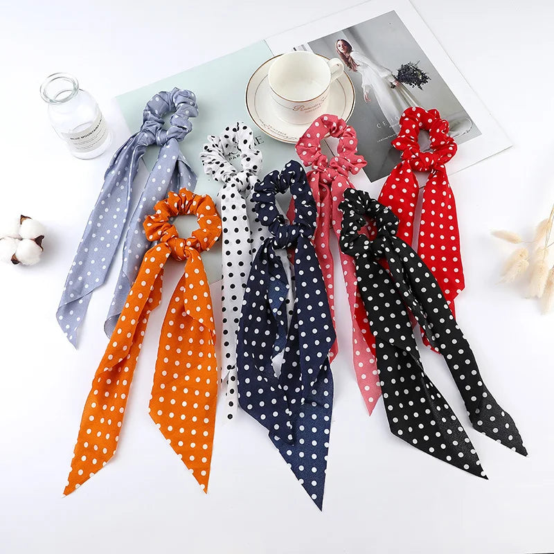 2023 Fashion Print Chiffon Long Ribbon Scrunchies Women Girls Ponytail Scarf Elastic Hair Bands Ties Hair Accessories Wholesale