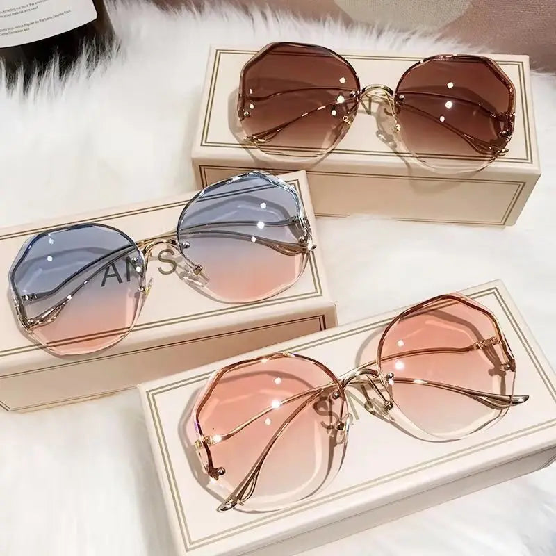 2023 Luxury Round Gradient Sunglasses Women Metal Curved Temples Eyewear Ocean Rimless Fashion Sun Glasses Ladies UV400