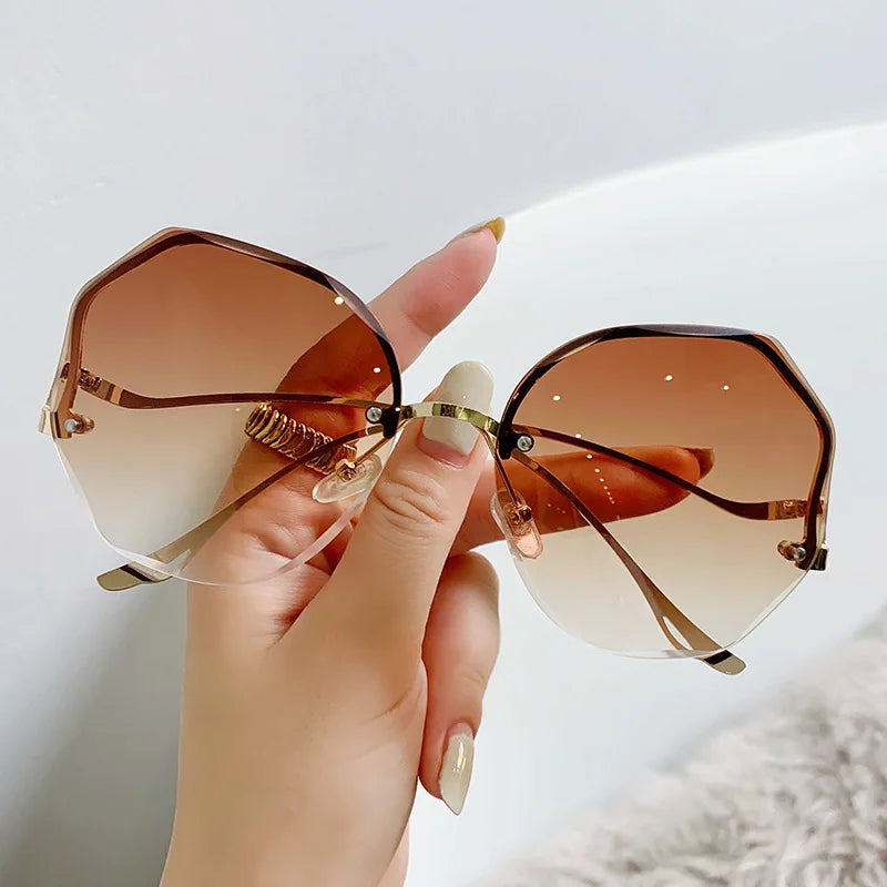 2023 Luxury Round Gradient Sunglasses Women Metal Curved Temples Eyewear Ocean Rimless Fashion Sun Glasses Ladies UV400