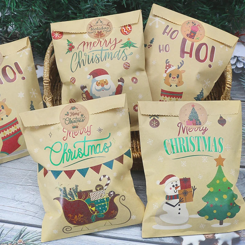 24Set Christmas Gift Bag Kraft Paper Bags Santa Claus Snowman Xmas Party Candy Bag Cookie Xmas Packaging Bag Pouch Wrapping