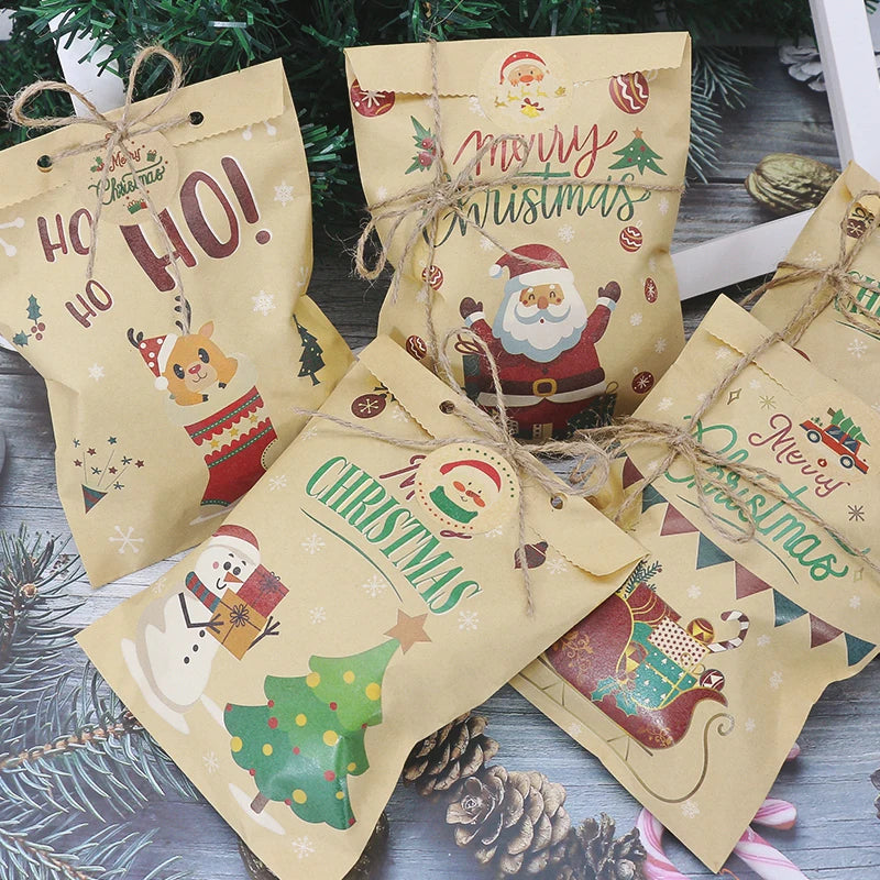 24Set Christmas Gift Bag Kraft Paper Bags Santa Claus Snowman Xmas Party Candy Bag Cookie Xmas Packaging Bag Pouch Wrapping