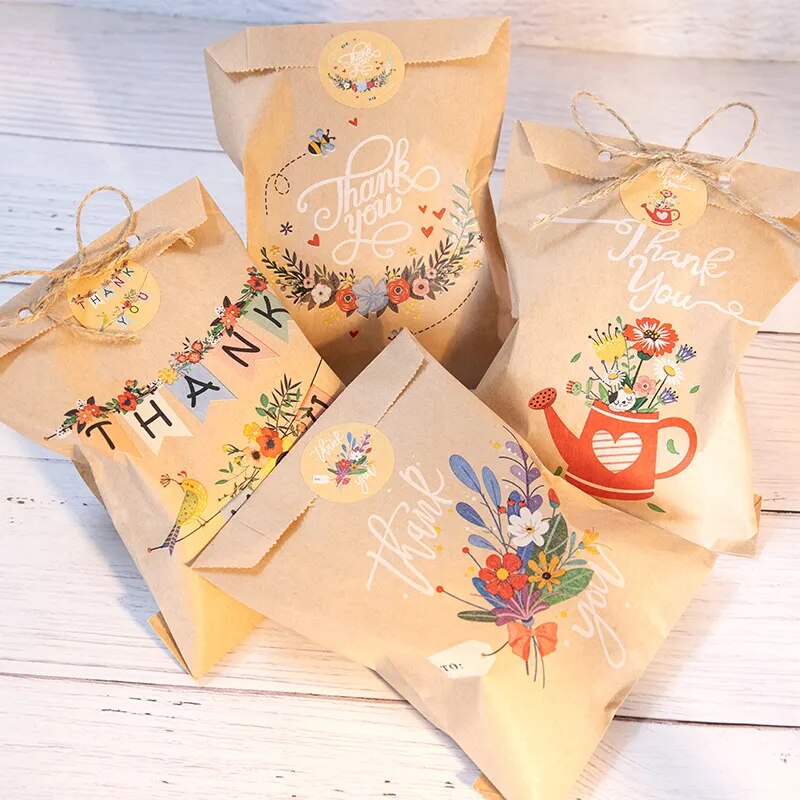 24Sets Thank You Kraft Paper Bags Cute Rainbow Dino Happy Birthday Gift Pouch Retro Flower Party Favor Bag Candy Cookie Supplies