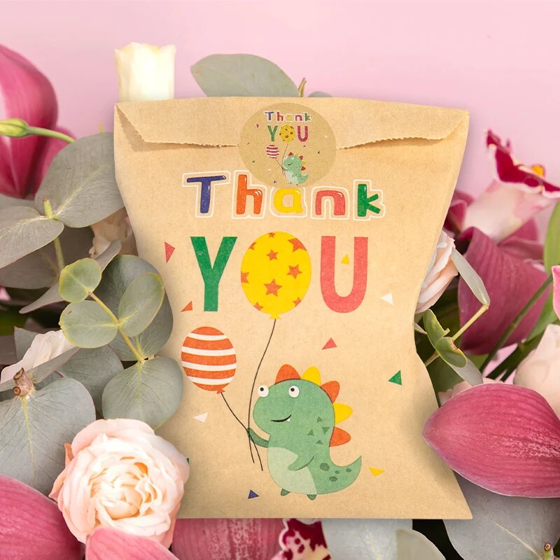 24Sets Thank You Kraft Paper Bags Cute Rainbow Dino Happy Birthday Gift Pouch Retro Flower Party Favor Bag Candy Cookie Supplies