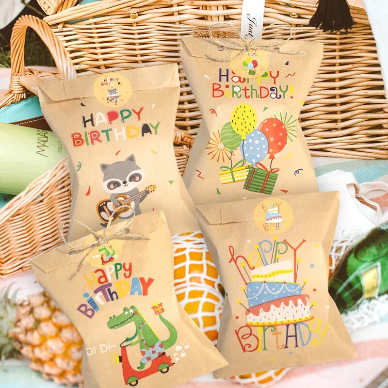 24Sets Thank You Kraft Paper Bags Cute Rainbow Dino Happy Birthday Gift Pouch Retro Flower Party Favor Bag Candy Cookie Supplies