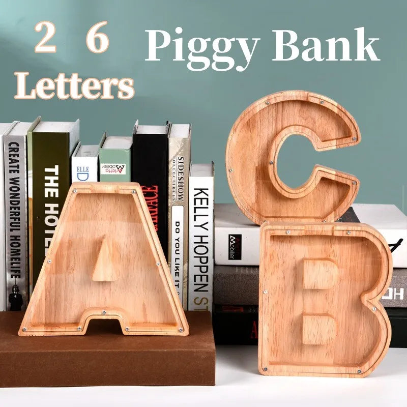 26 Letters English Piggy Bank Wooden Coin Money Saving Box Jar Coins Storage Box Desktop Ornament Home Decor Crafts Xmas Gift