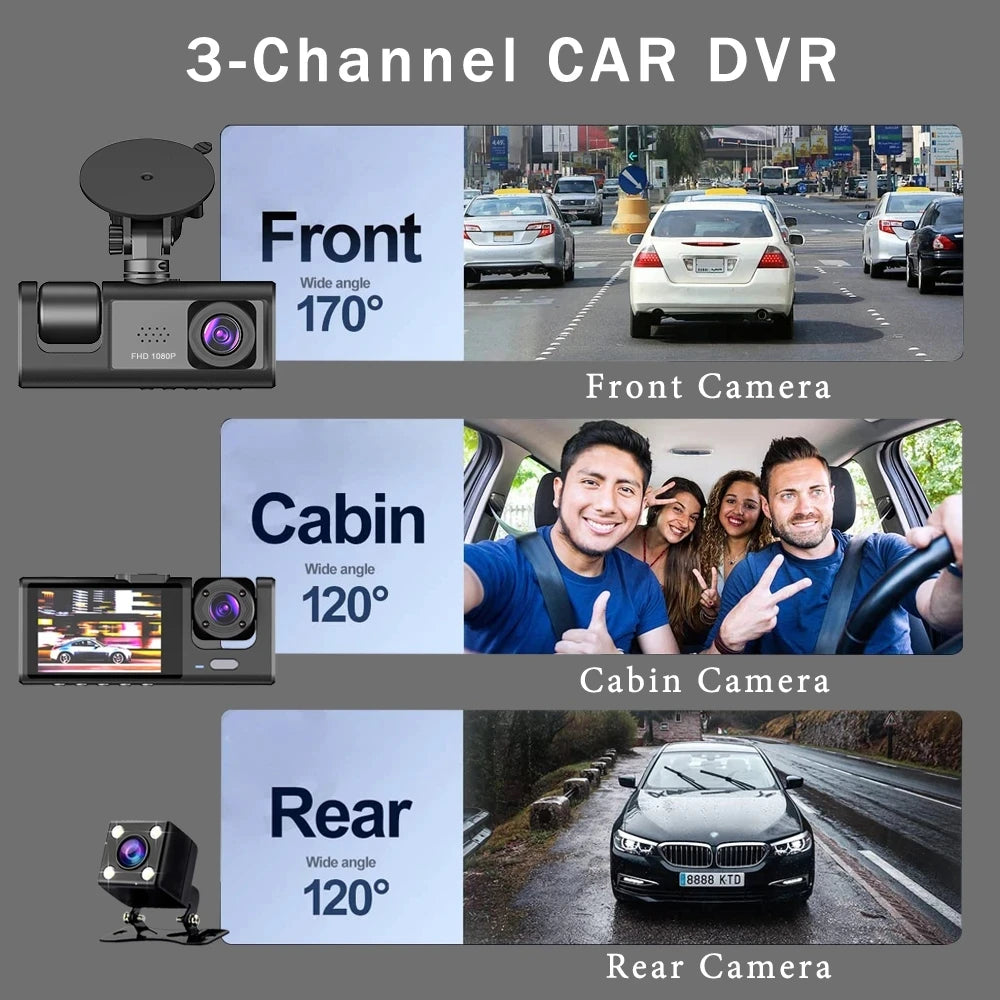 3 Channel Car DVR HD 1080P 3-Lens Inside Vehicle Dash CamThree Way Camera DVRs Recorder Video Registrator Dashcam Camcorder