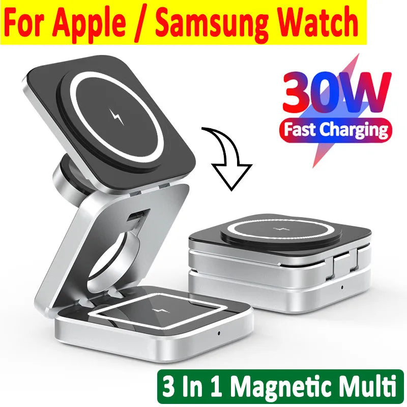 30W 3 In 1 Magnetic Wireless Charger Stand for iPone 14 13 12 Pro Max Airpods Samsung Watch 6 5 iWatch 8 7 Fast Charging Station