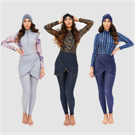 3PCS Muslim Modest Swimwear Women Swimsuit Full Cover Islamic Long Sleeve Swimming Suit Burkini Turban Pants Hijab