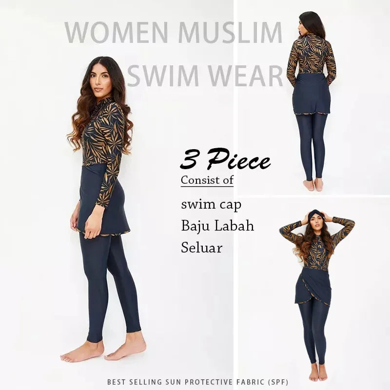 3PCS Muslim Modest Swimwear Women Swimsuit Full Cover Islamic Long Sleeve Swimming Suit Burkini Turban Pants Hijab