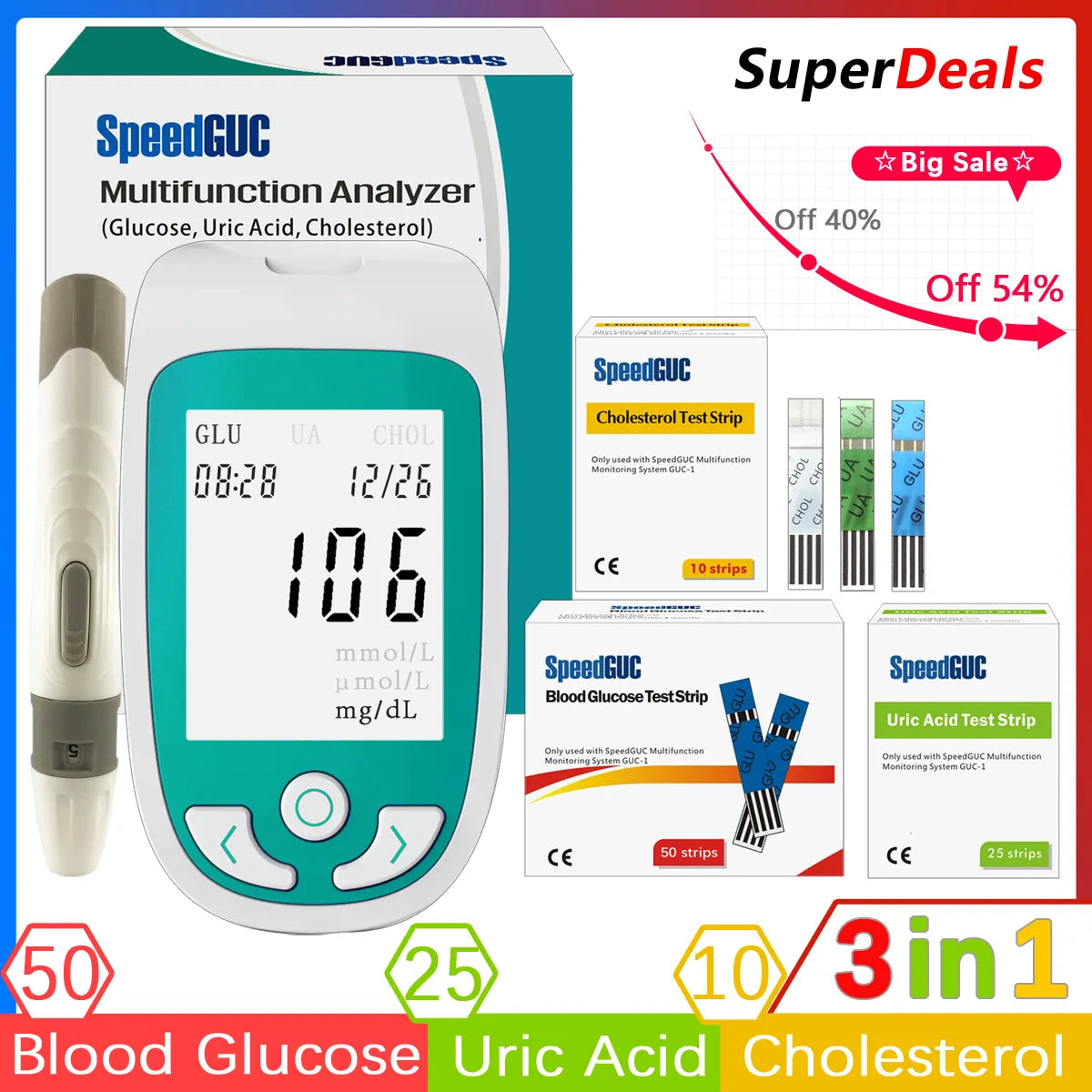 3in1 Multifunction Cholesterol Uric acid Blood Glucose Meter Glucometer Kit Diabetes Gout Tester Blood Sugar Monitor Test Strips