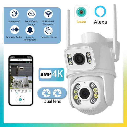 4K 8MP PTZ Wifi Dual Camera Lens with Dual Screen CCTV Ai Human Detect Auto Tracking Wireless Outdoor Surveillance Camera