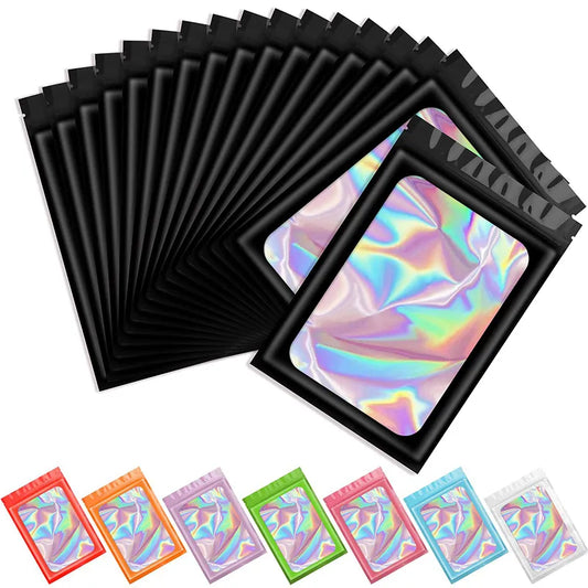 50pcsThick Smell Proof Mylar Bags Holographic Laser Color Plastic Packaging Pouch Jewelry Retail Storage Pouch Gift Zip Lock Bag