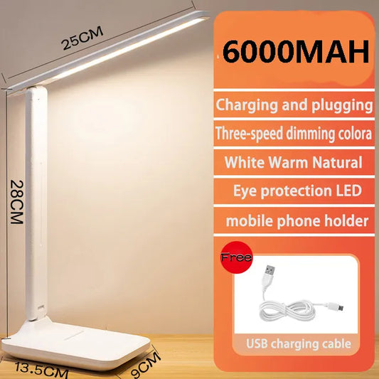 6000mAh Chargeable LED Table Lamp USB 3 Color Stepless Dimmable Desk Lamp Touch Foldable Eye Protection Reading Night Light