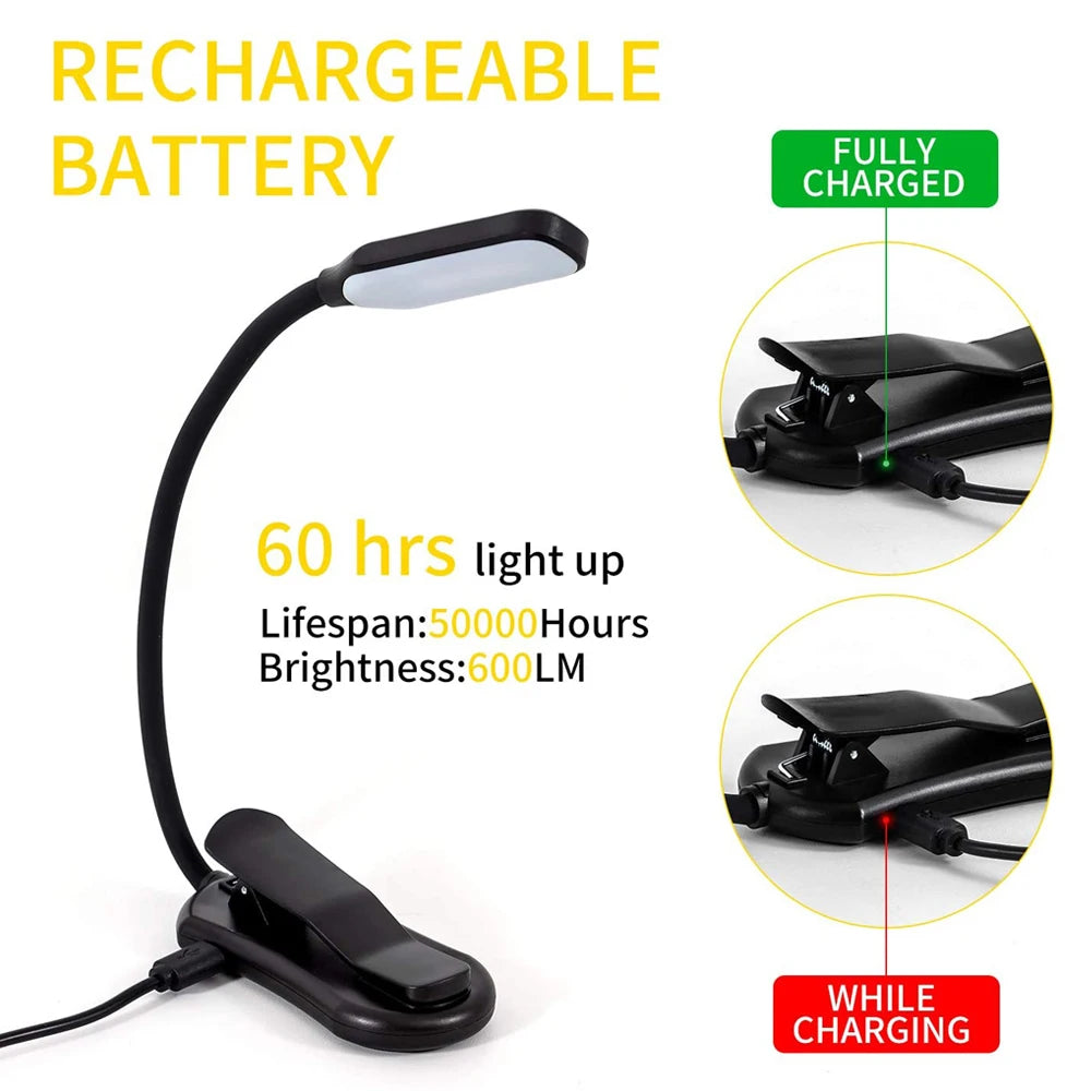 7 LED Book Light USB Rechargeable Reading Light 3-Level Warm Cool White Daylight Portable Flexible Easy Clip Night Reading Lamp