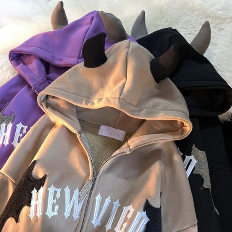 American Retro Little Devil Horn Hoodies Y2k Women Letter Embroidery Zipper Hooded Sweatshirt Harajuku Casual Loose Jacket Coats