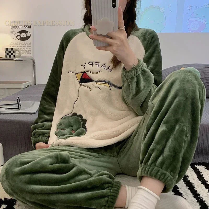 Autumn Winter Kawaii Cartoon Pajama Sets Women Pyjamas Plaid Flannel Loung Sleepwear Girl Pijama Mujer Night Suits Homewear PJ