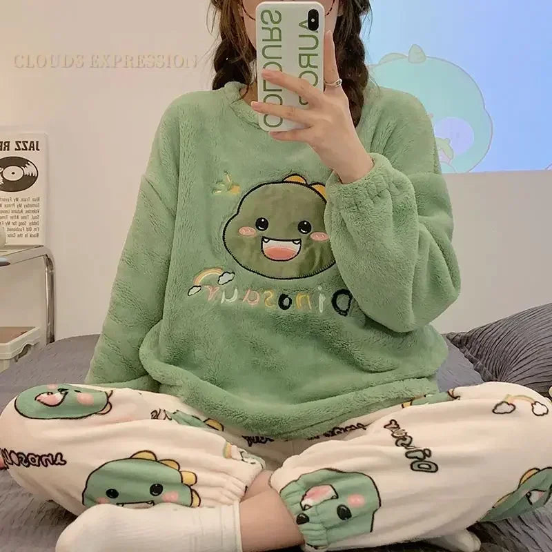 Autumn Winter Kawaii Cartoon Pajama Sets Women Pyjamas Plaid Flannel Loung Sleepwear Girl Pijama Mujer Night Suits Homewear PJ