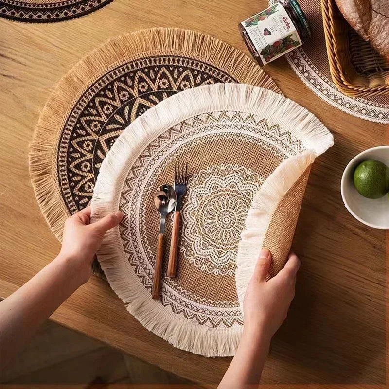 Boho Round Placemat 15 Inch,Farmhouse Woven Jute Fringe TableMats with Pompom Tassel Place Mat for Dining Room INS Table Decors