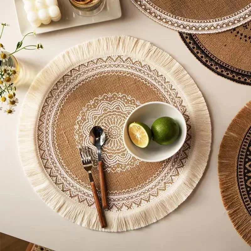 Boho Round Placemat 15 Inch,Farmhouse Woven Jute Fringe TableMats with Pompom Tassel Place Mat for Dining Room INS Table Decors