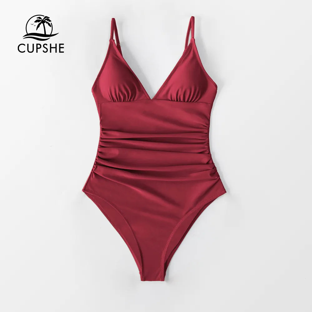 CUPSHE Solid Burgundy Shirring One-piece Swimsuit Women Deep V-neck Removable Bra Plain Monokinis 2023 New Summer Beach Swimwear