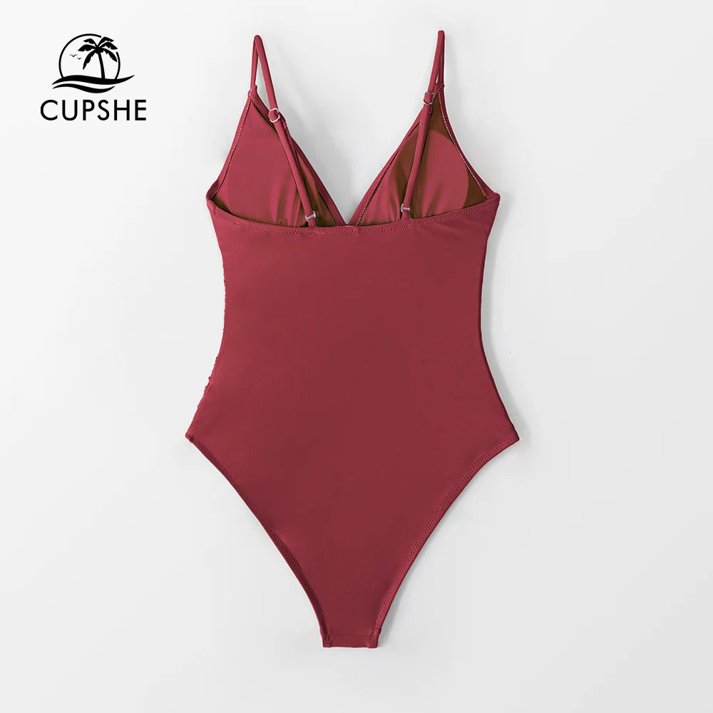 CUPSHE Solid Burgundy Shirring One-piece Swimsuit Women Deep V-neck Removable Bra Plain Monokinis 2023 New Summer Beach Swimwear