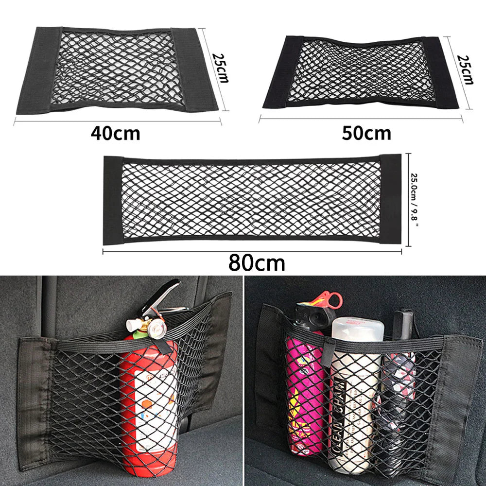 Car Back Rear Trunk Organizer Net Mesh Seat Elastic String Magic Sticker Universal Storage Bag Pocket Auto Organizer