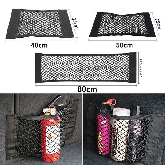 Car Back Rear Trunk Organizer Net Mesh Seat Elastic String Magic Sticker Universal Storage Bag Pocket Auto Organizer