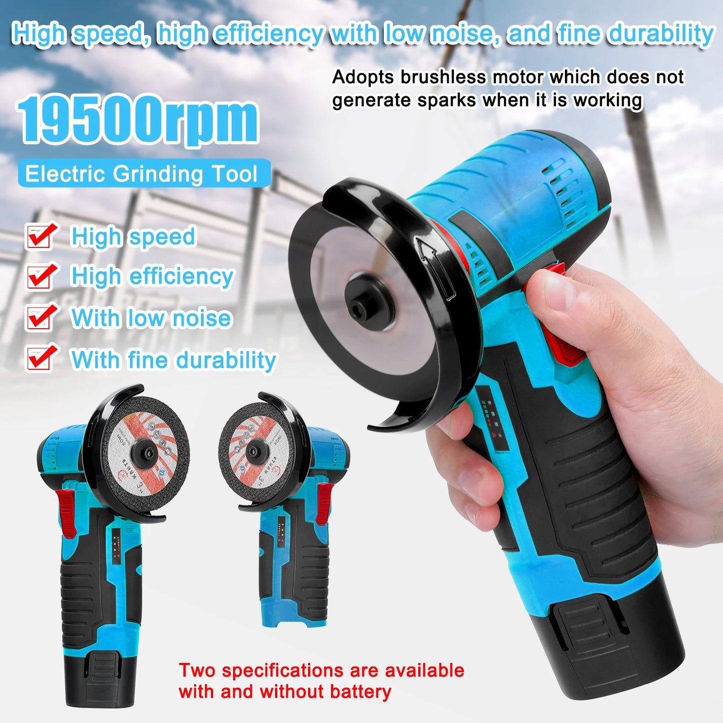 Cordless Electric Angle Grinder 9500rpm Handheld Polishing Grinding Machine Diamond Cutting Power Tools 12V Battery Rechargeable