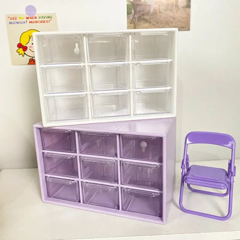 Desktop 9 Grid Storage Boxes Organizer Transparent Small Drawer Partitioned Student Desk Wall-mounted Sundries Storage Box Cute