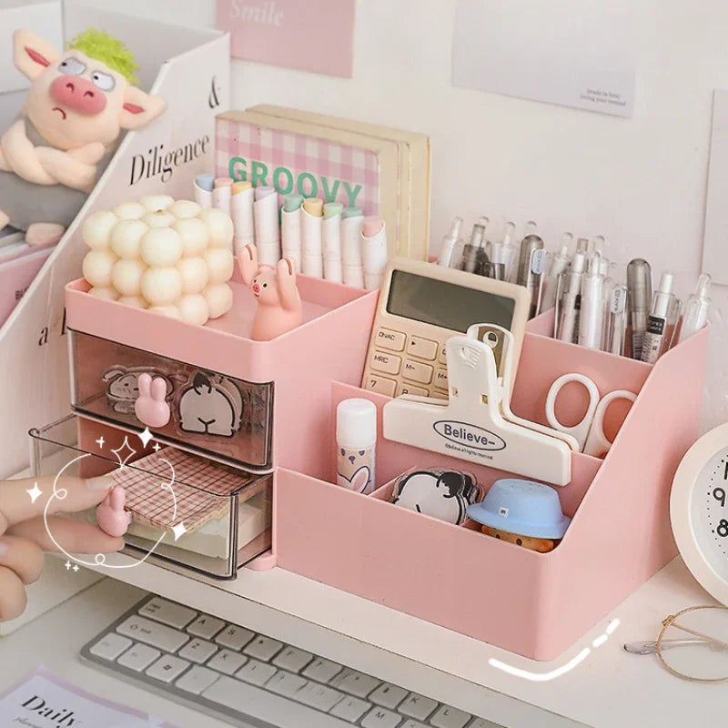 Desktop Transparent Cosmetics Storage Box Desktop Organizer with Drawers Pen Holder Stationary Storage Rack for Office Desks