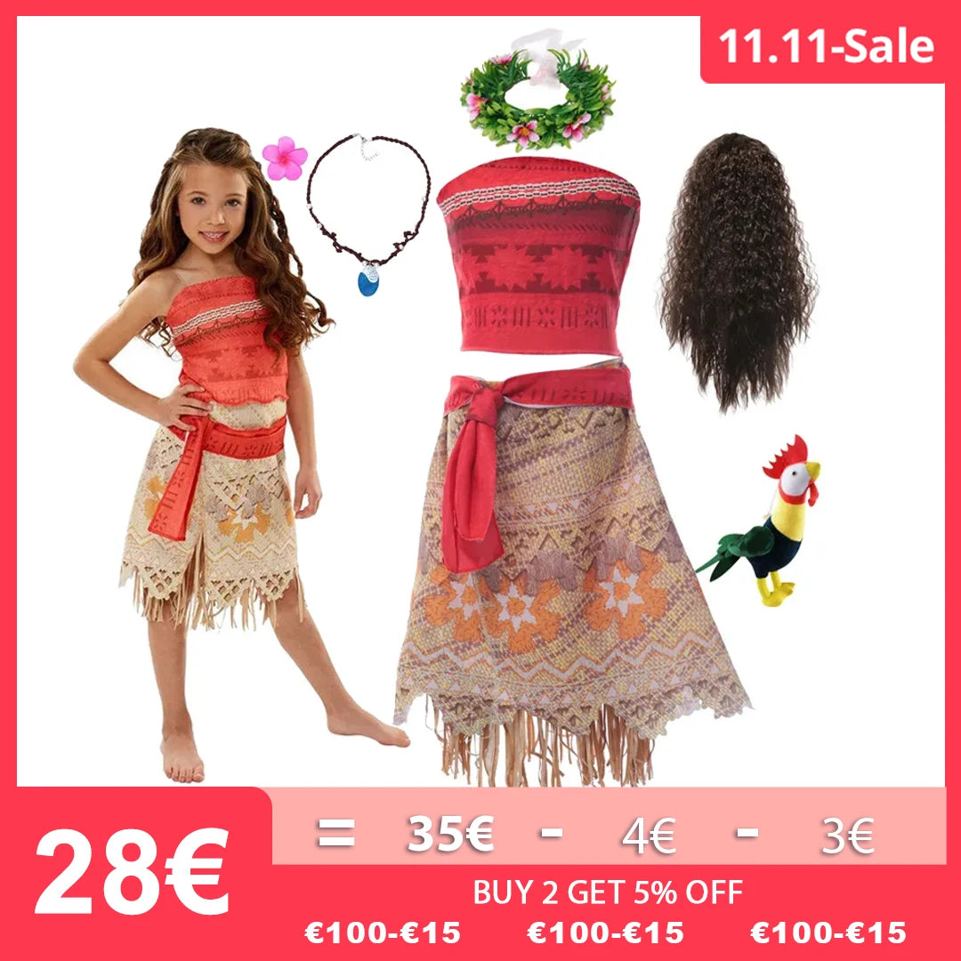 Disney Halloween Dress Up Party Moana Costume Little Girl Princess Fancy Clothes Children Vaiana Outfit for 2 3 5 6 8 10Y