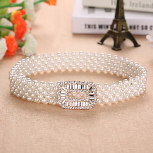 Elegant Women Pearl Waist Belt Elastic Buckle Pearl Chain Belt Female Girls Dress Crystal Strap Pearl Elastic Belt Luxury Brand