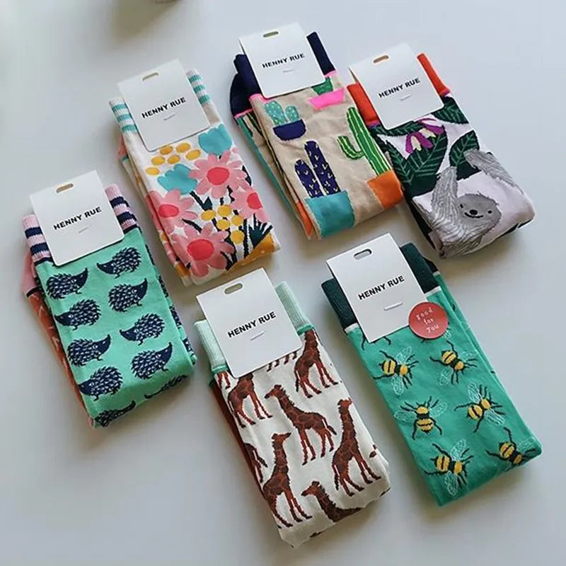 Fashion Colorful Autumn Winter Stocking  Women's Socks  Plant Hedgehog Slothsi Cotton Socks Personality Straight Trendy Socks