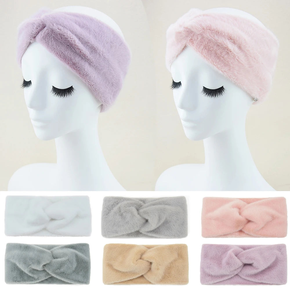 Fashion Wide Cross Plush Headbands for Women Solid Soft Warm Knot Hairbands Ladies Winter Warmer Ear Turbans Hair Accessories