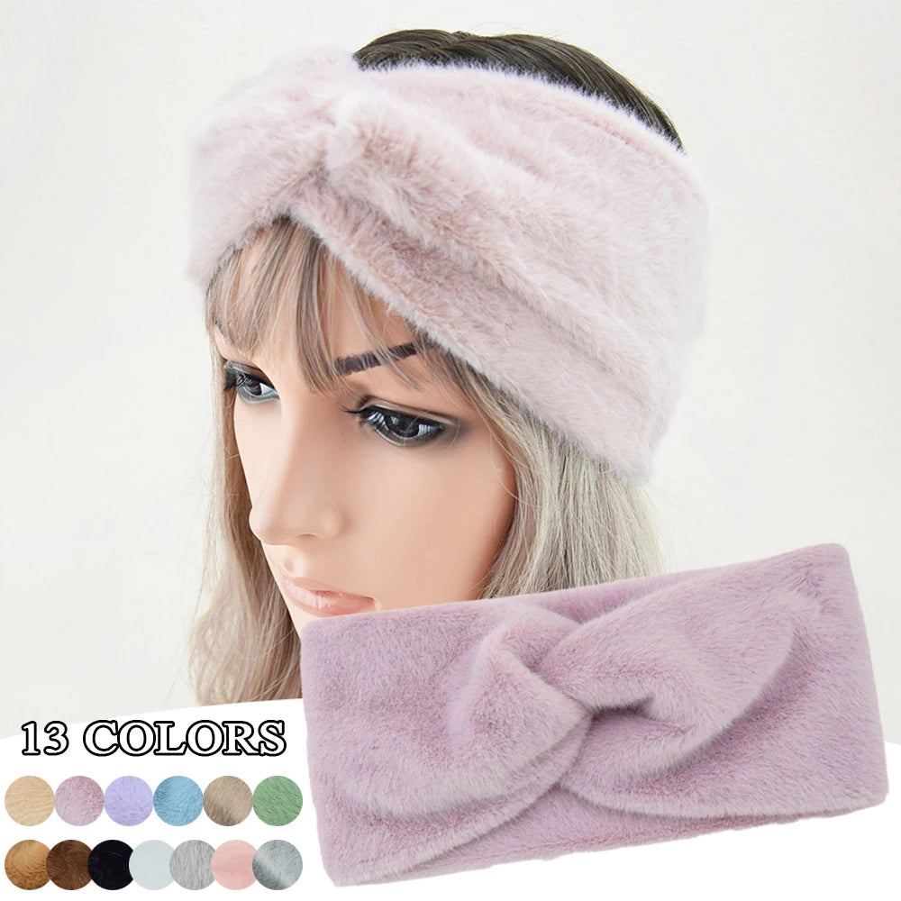 Fashion Wide Cross Plush Headbands for Women Solid Soft Warm Knot Hairbands Ladies Winter Warmer Ear Turbans Hair Accessories