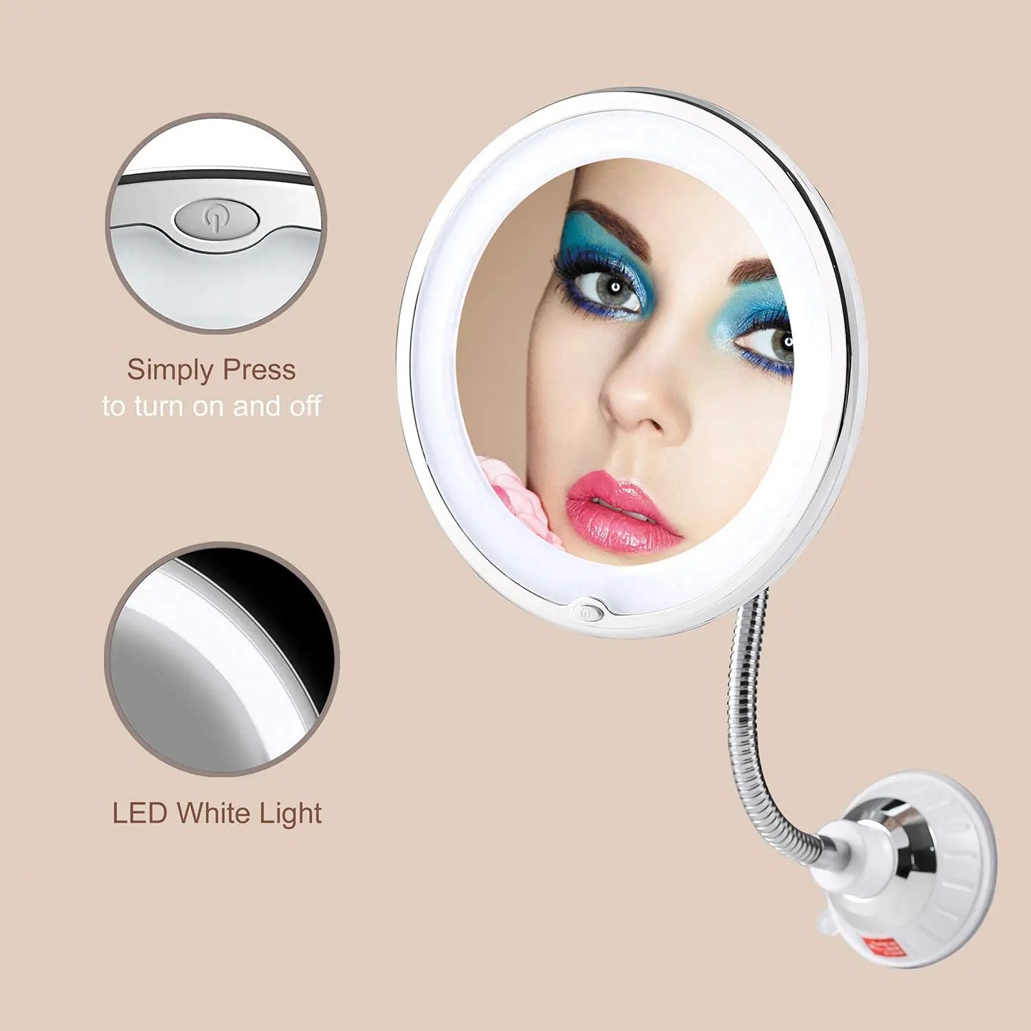 Flexible Gooseneck 6.8&quot; 10x Magnifying LED Lighted Makeup Mirror, Bathroom Magnification Vanity Mirror with Suction Cup, 360 Deg