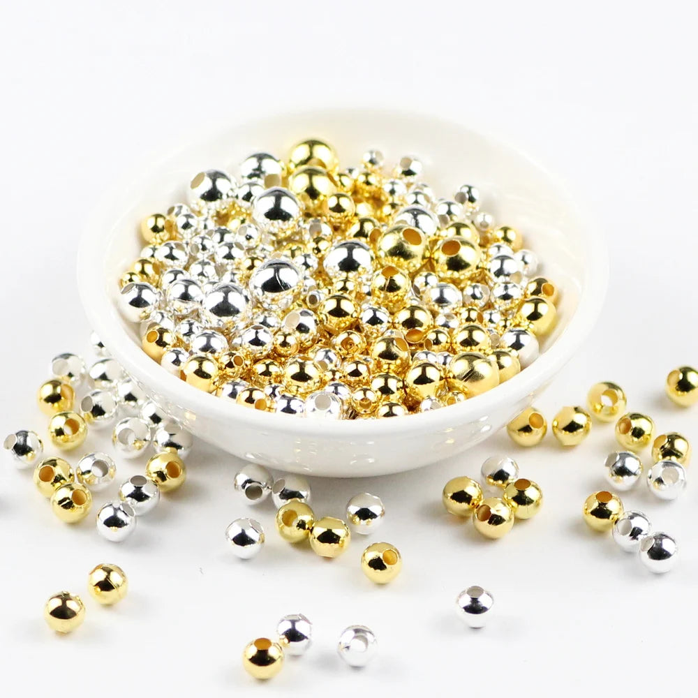 JHNBY Gold Plated Metal beads 2/3/4/5/6/8MM Round Iron Spacer Loose Beads For Jewelry Bracelets Necklace Making DIY Accessories