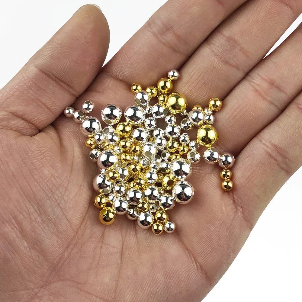 JHNBY Gold Plated Metal beads 2/3/4/5/6/8MM Round Iron Spacer Loose Beads For Jewelry Bracelets Necklace Making DIY Accessories