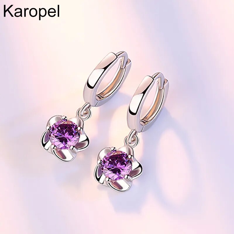 Karopel 925 Sterling Silver Earrings Jewelry High Quality Retro Simple Pattern Purple White Zircon Earrings Hot Sale