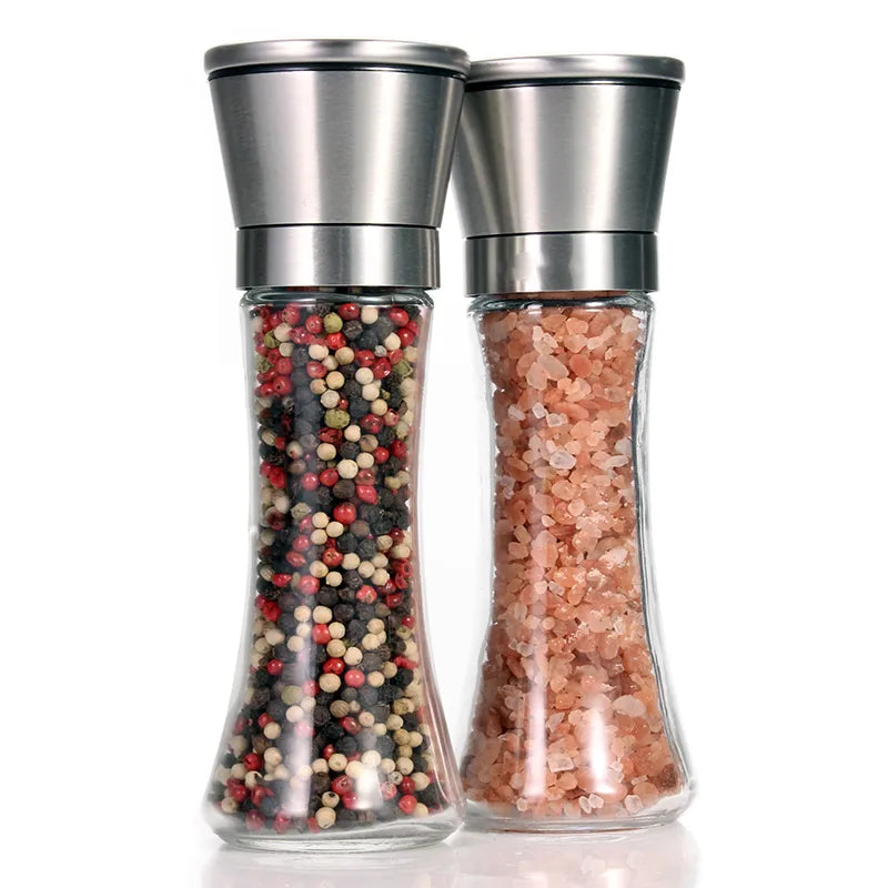 Leeseph 18/8 Brushed Stainless Steel Pepper Mill and Salt Mill, 6 Oz Glass Tall Body, 5 Grade Adjustable Ceramic Rotor